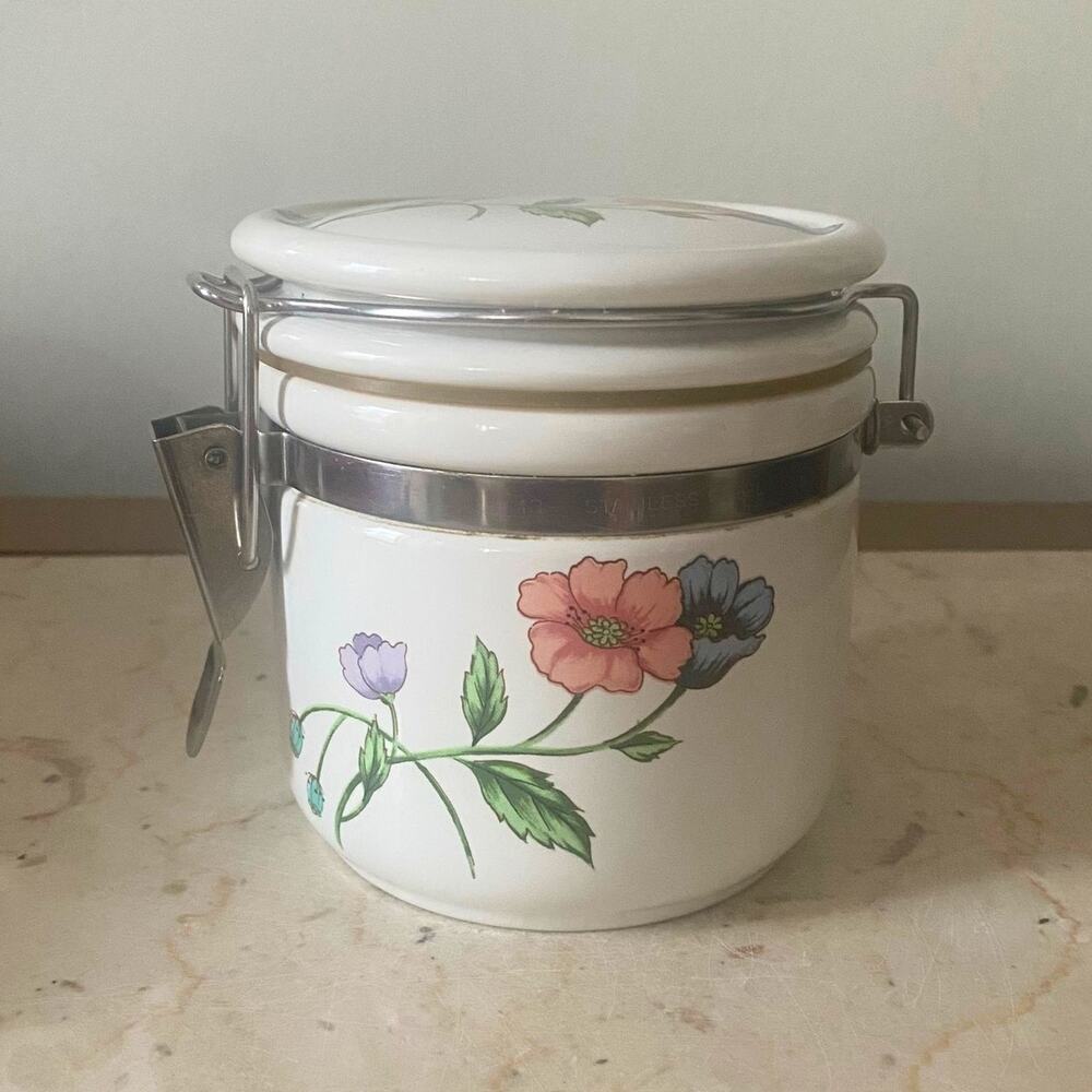 House Of Prill Lidded Canister Porcelain Poppy Flowers Stainless Latch Cottage